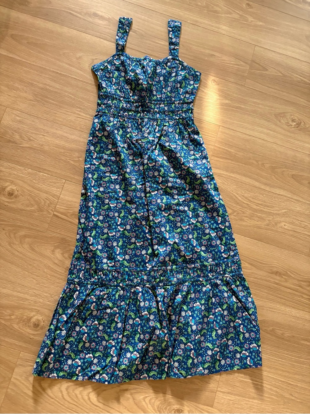 LOFT Blue Floral Tiered Dress with Smocked Yoke